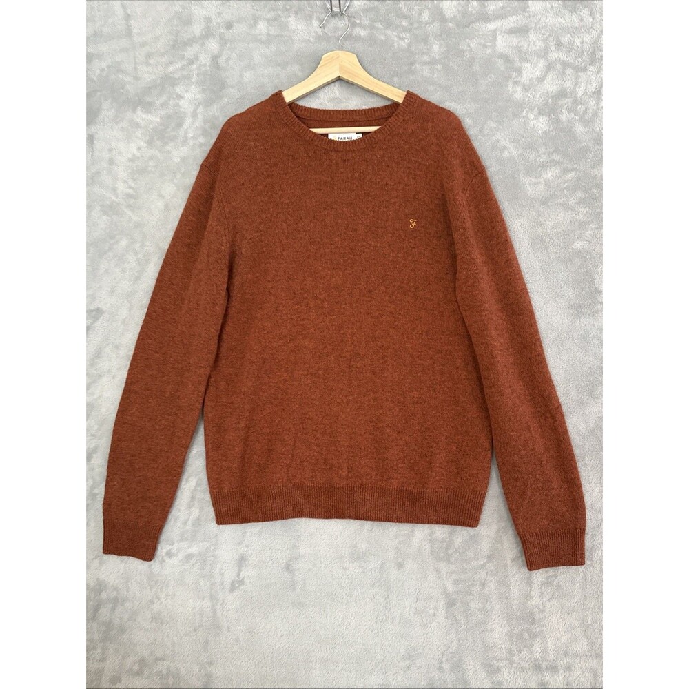 Farah Mens Sweater Birchall 100% Lambswool Crew Sweater Orange Tweed XXL
